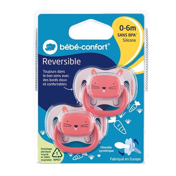 Bebe Confort 2 sucettes Reversibles Silicone Animals Rose 0/6M /Bleu