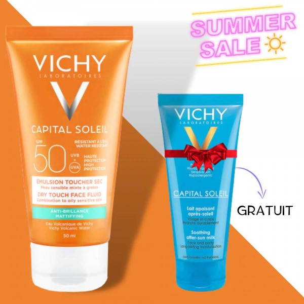 VICHY CAPITAL SOLEIL CREME ANTI-BRILLANCE SPF 50+ 50ml Toucher sec + apres soleil 100ml offert